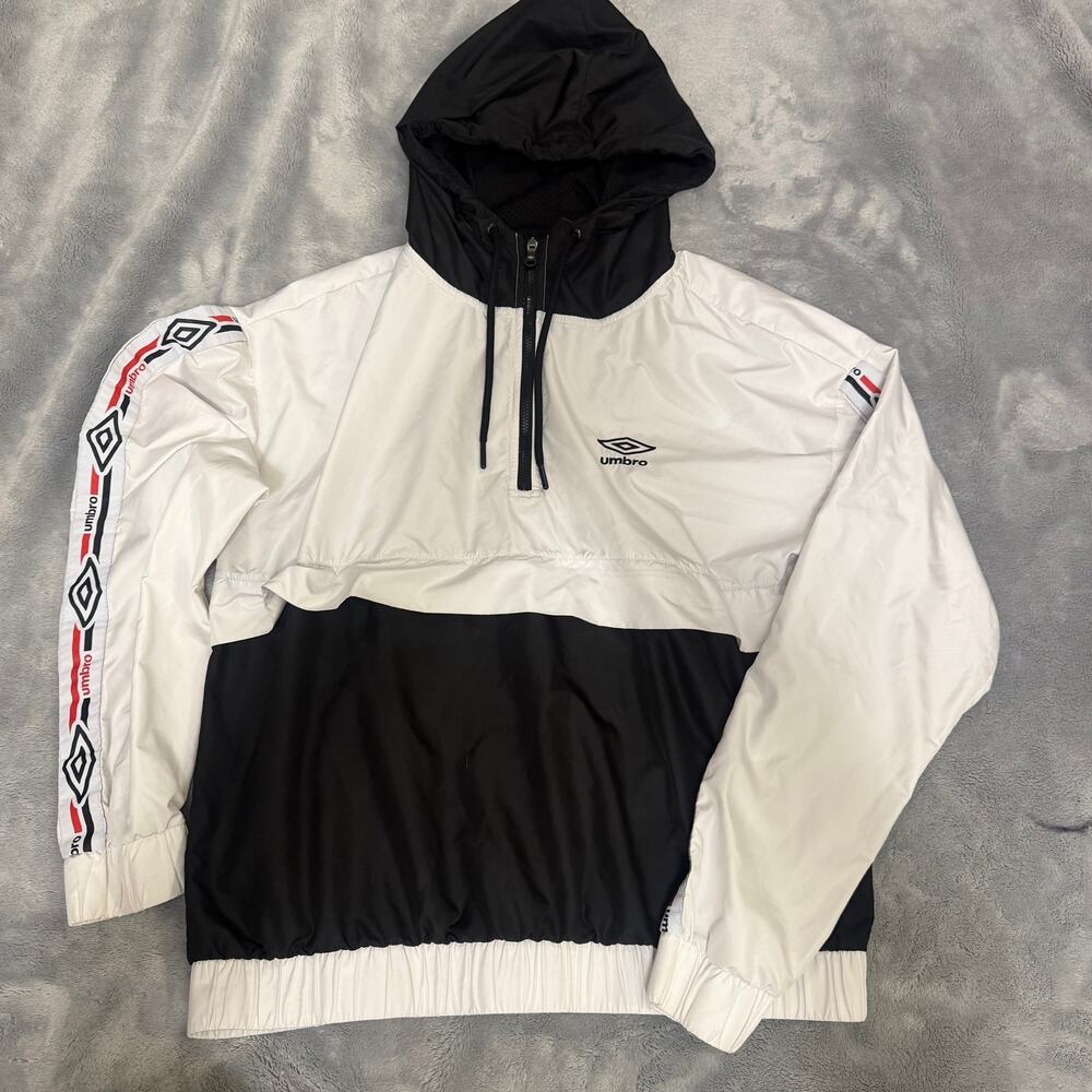 Umbro Half Zip Hooded Windbreaker Jacket Size L White Black Cropped Taped Logo